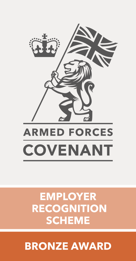 The Armed Forces Covenant logo of a lion with the Union flag and a royal crown with the words "Armed Forces Covenant"